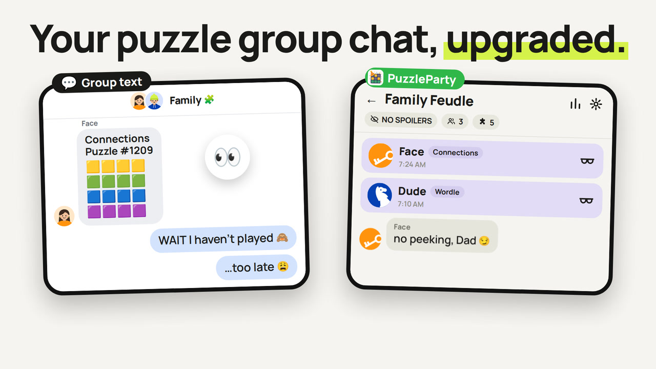 Video preview: a family's puzzle chat next to the same moment in PuzzleParty, under the headline “Your puzzle group chat, upgraded.”